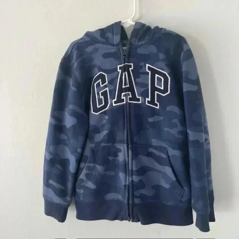 GAP Boys' Logo Hoodie Full Zip Sweatshirt (Size Small Youth) - Blue Camouflage